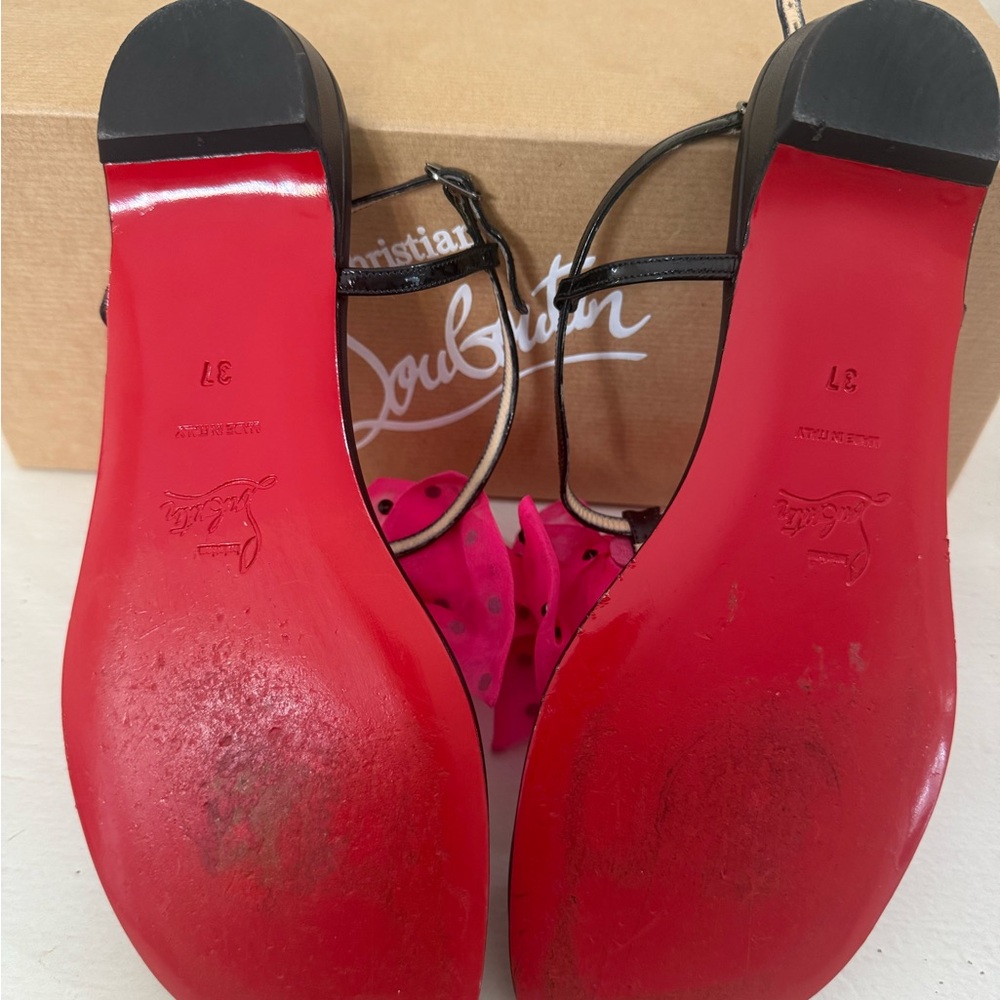 Christian Louboutin Black Sandals with Bright Pink Polka Dot Bow - Picture 4 of 6